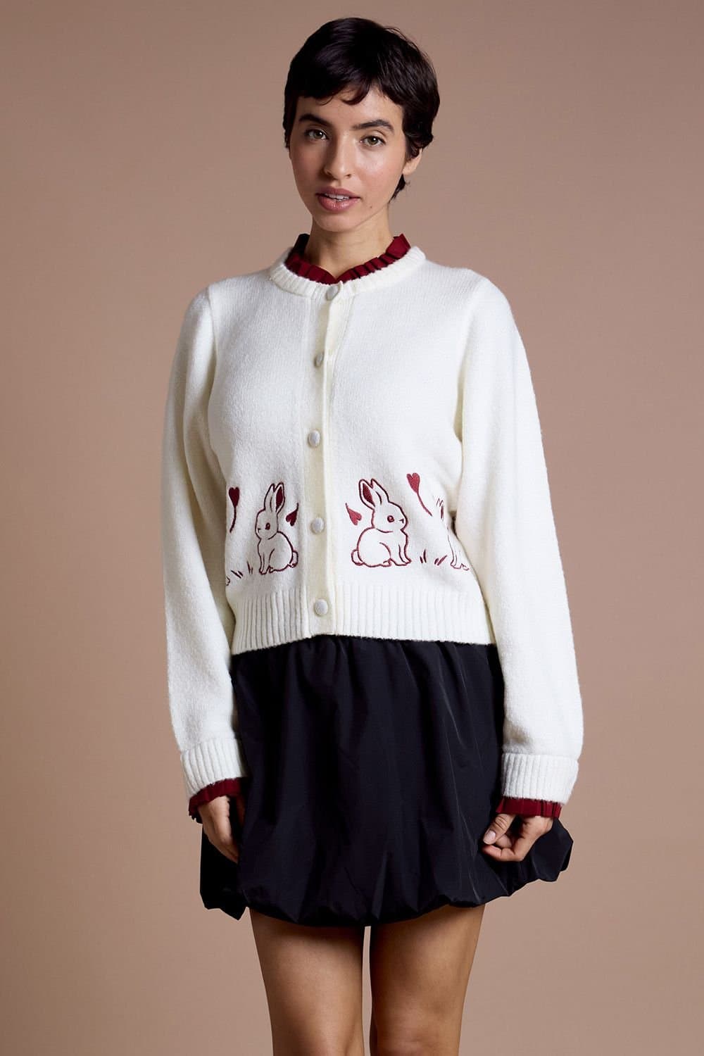 Neon Rose Neon Rose Women's Contrast Trim Bunny Embroidered Cardigan in Cream