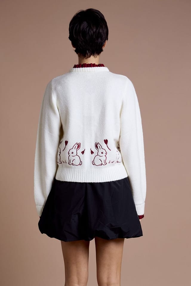 Neon Rose Neon Rose Women's Contrast Trim Bunny Embroidered Cardigan in Cream - 2