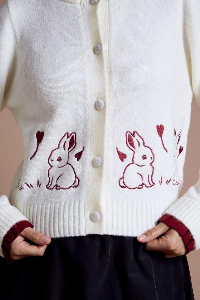 Neon Rose Neon Rose Women's Contrast Trim Bunny Embroidered Cardigan in Cream - 3