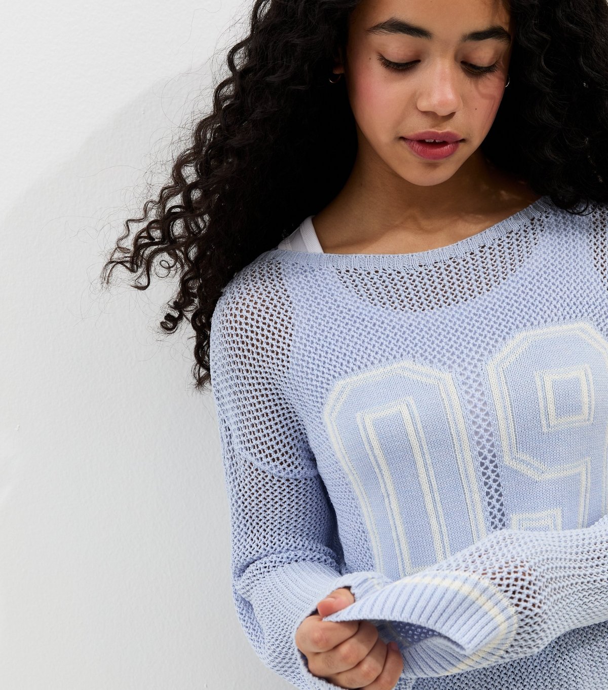 New Look Girls' Light Blue Open Knit Slash Neck Jumper New Look - 2