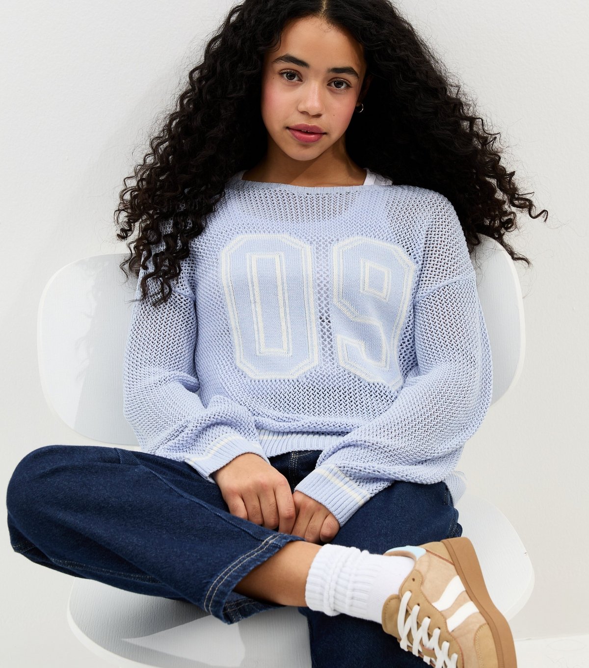 New Look Girls' Light Blue Open Knit Slash Neck Jumper New Look - 3
