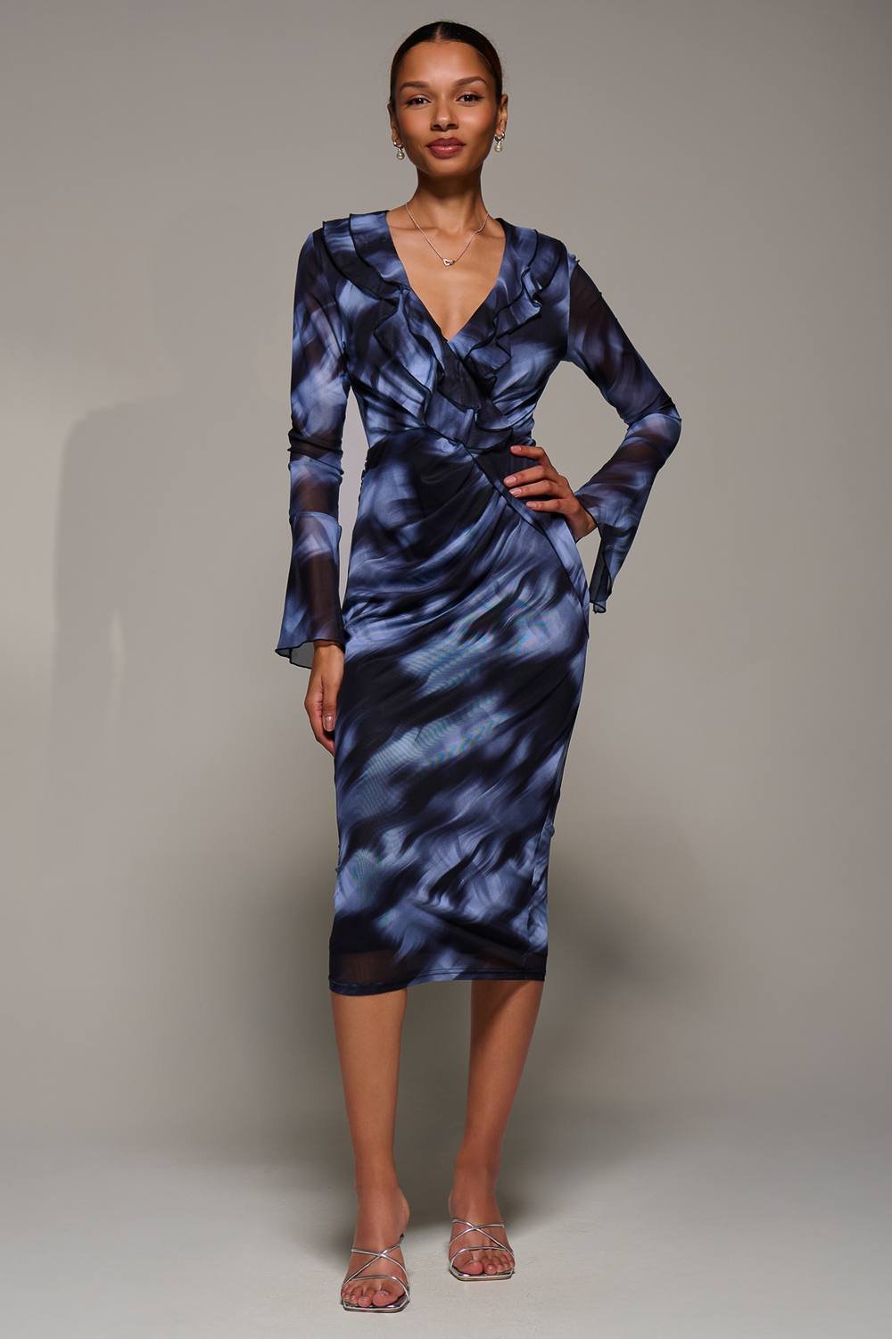 Jolie Moi Jolie Moi Women's Ruffle V-Neckline Mesh Bodycon Midaxi Dress in Blue - 2