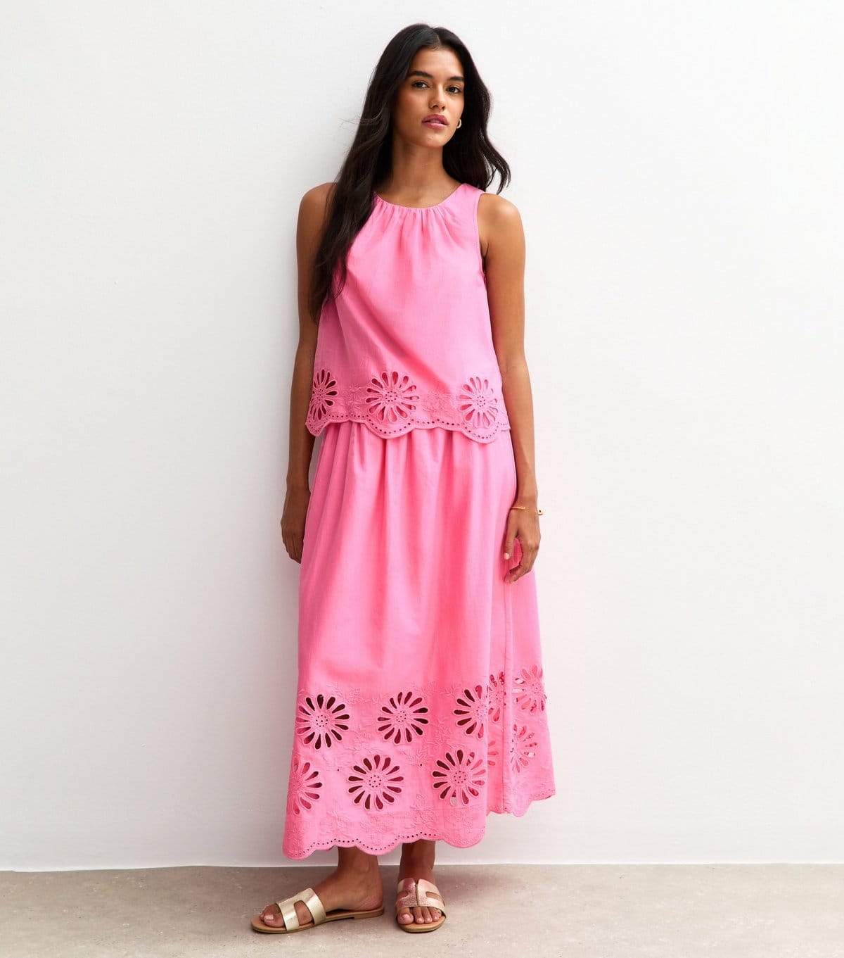 New Look Pink Embroidered Cutout Hem Midi Dress