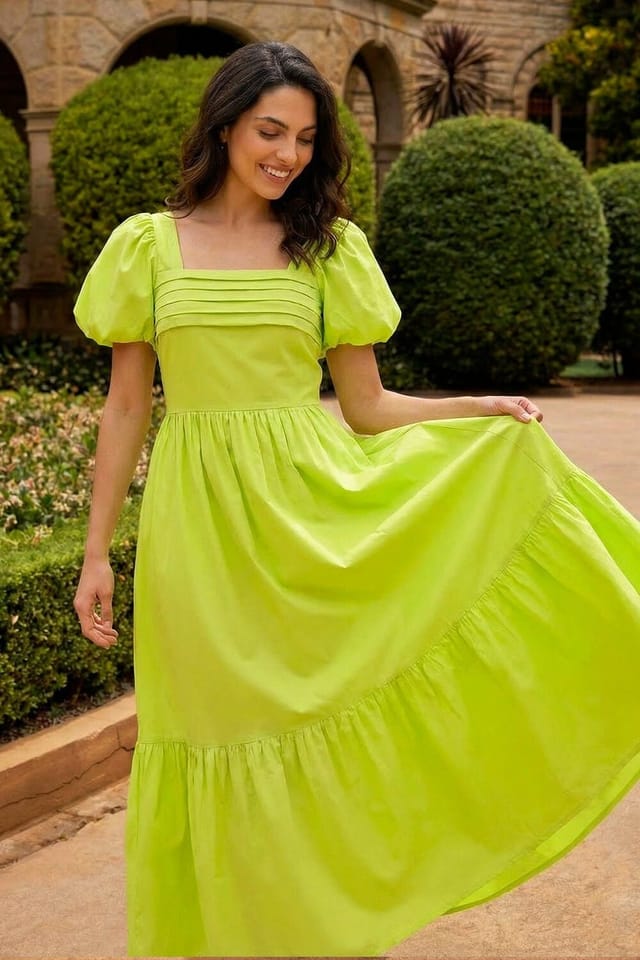 Dusk Dusk Women's Pleated Puff Midi Dress in Lime - 2
