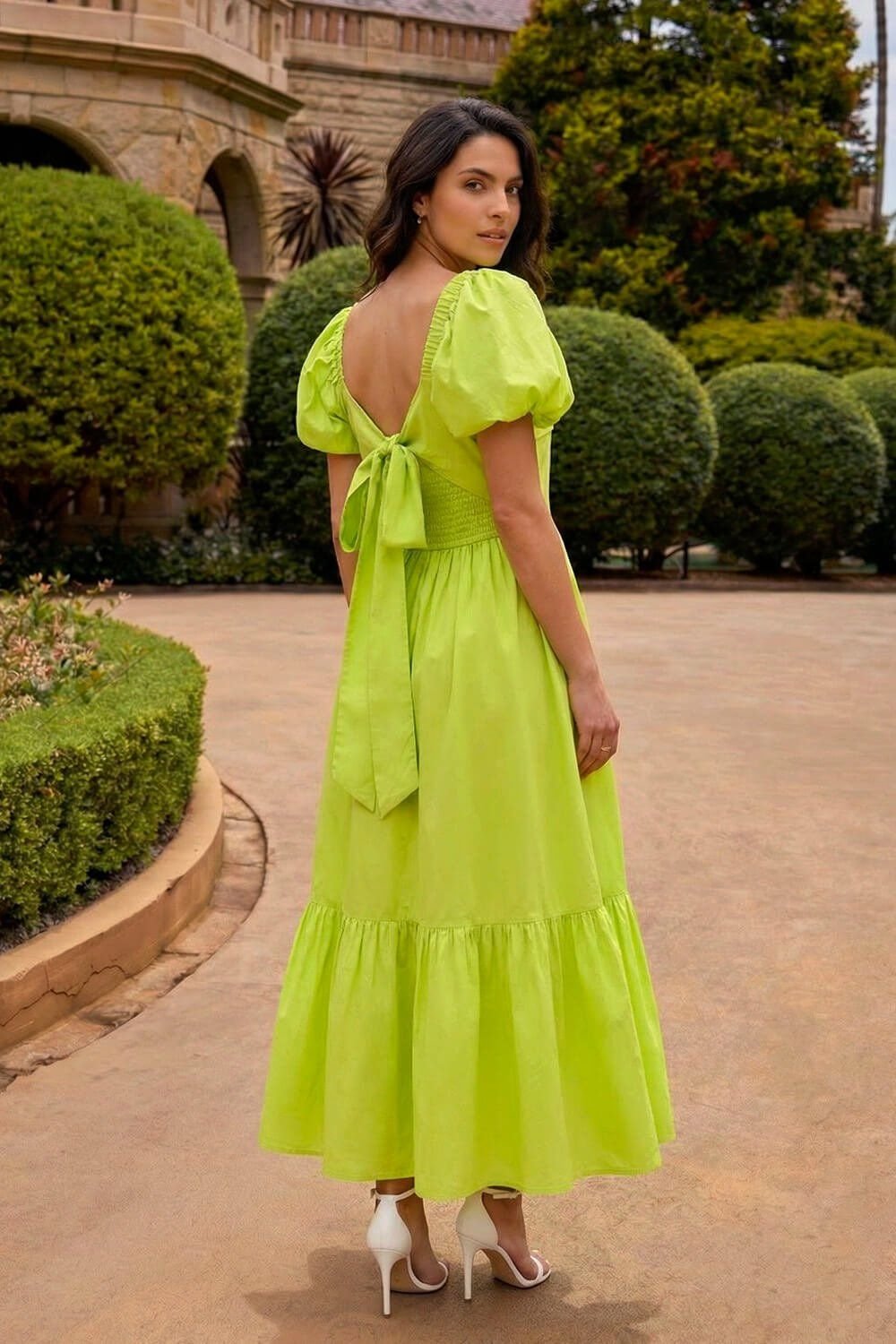 Dusk Dusk Women's Pleated Puff Midi Dress in Lime - 3