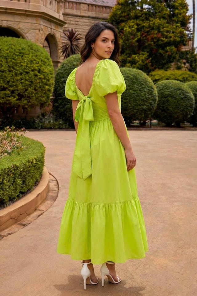 Dusk Dusk Women's Pleated Puff Midi Dress in Lime - 3