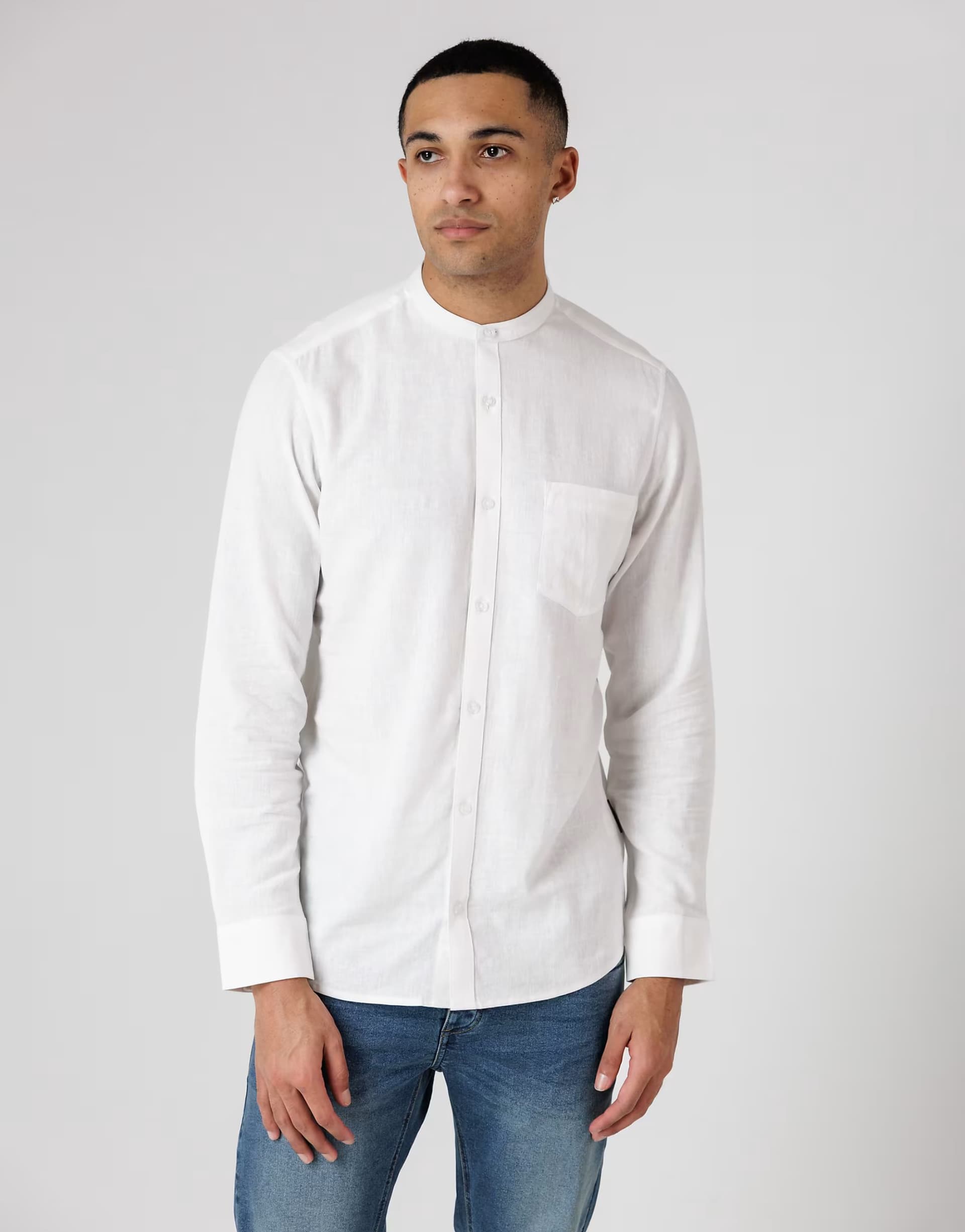 ASOS French Connection Linen blend long sleeve grandad collar chest pocket shirt in white