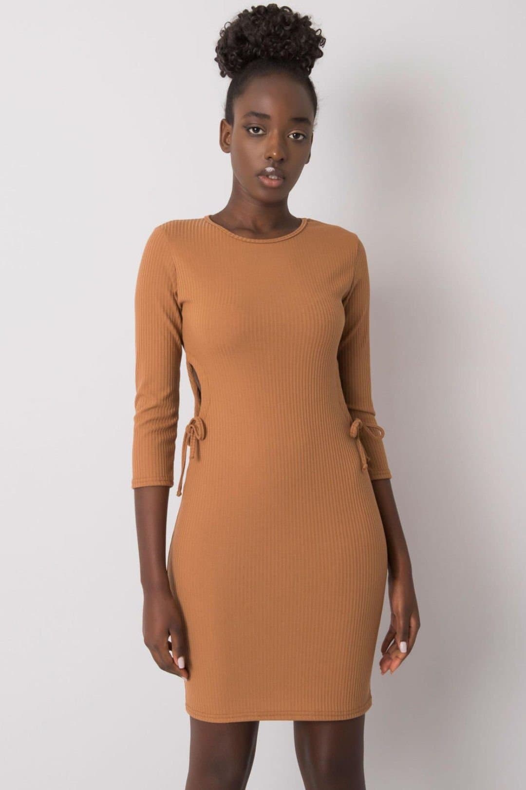 Love Lace Love Lace Women's Ribbed Cotton Pencil Dress with Side Lacing Style 215892 in Brown