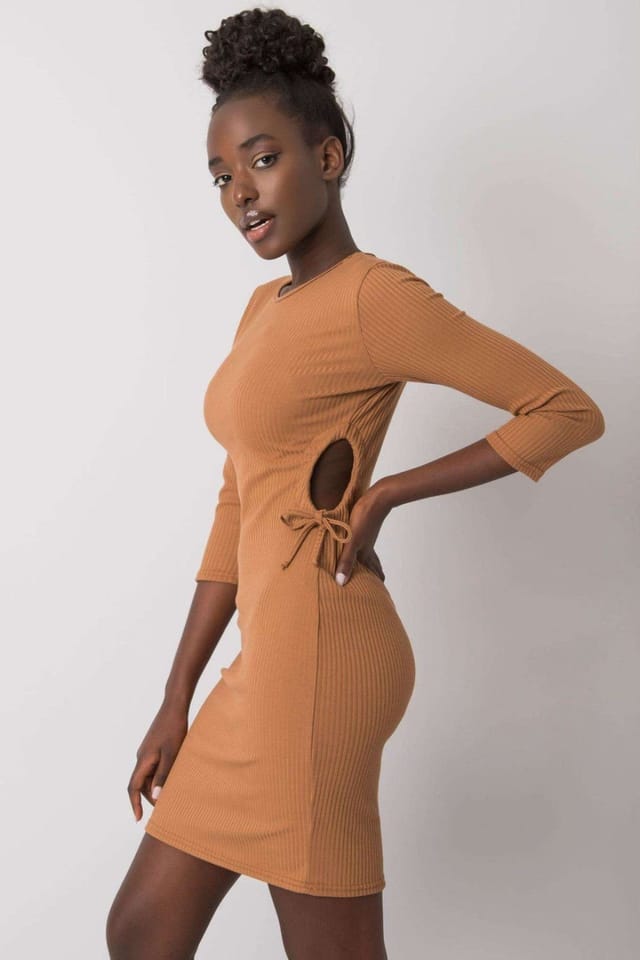 Love Lace Love Lace Women's Ribbed Cotton Pencil Dress with Side Lacing Style 215892 in Brown - 2