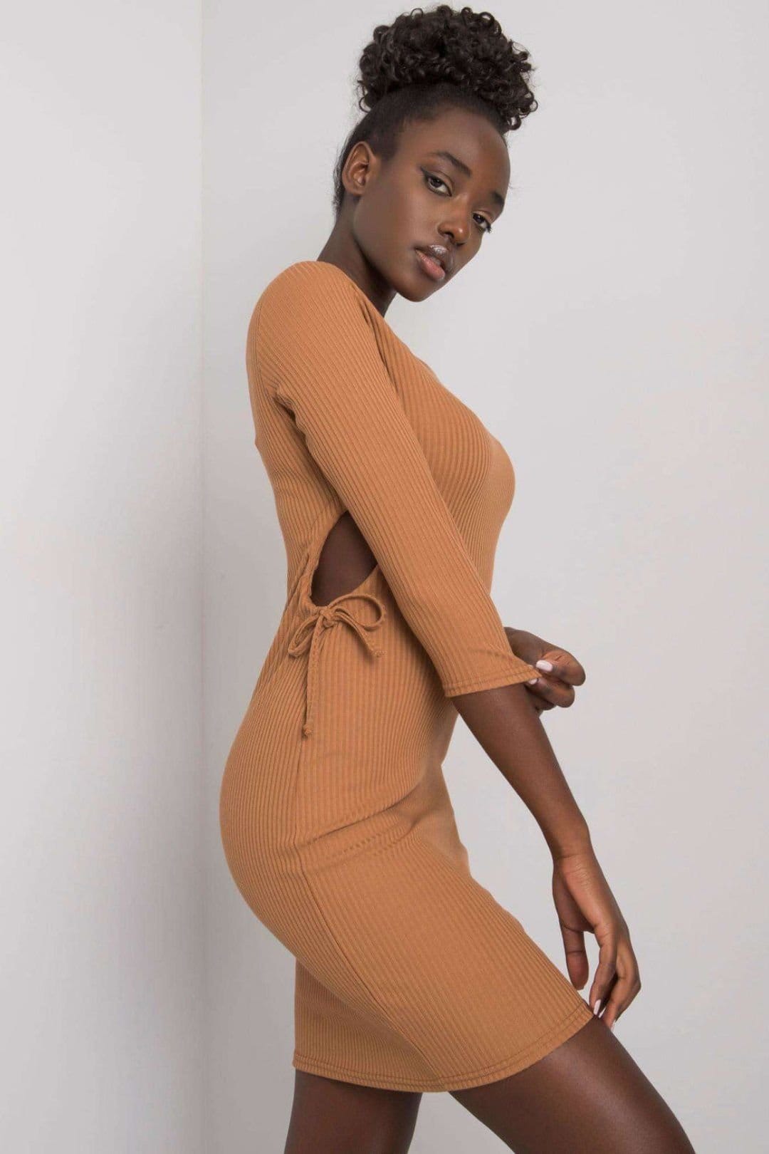 Love Lace Love Lace Women's Ribbed Cotton Pencil Dress with Side Lacing Style 215892 in Brown - 4