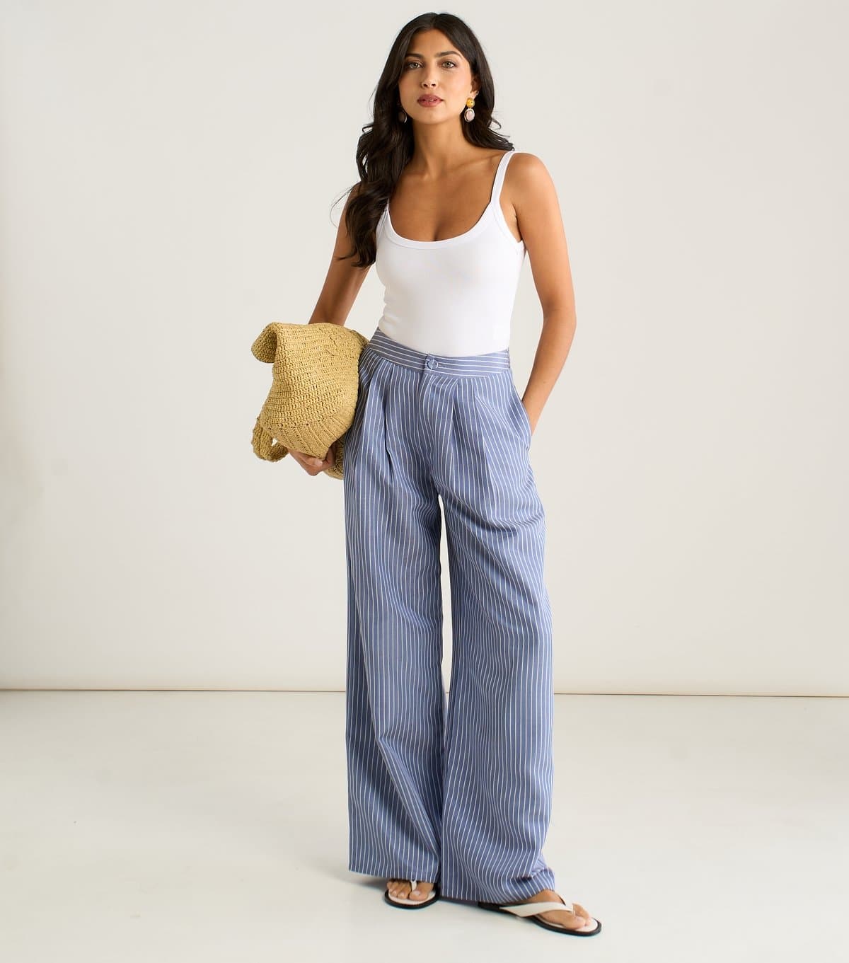 Gini London Women's Blue Striped Wide Leg Pleat Front Trousers Gini London New Look