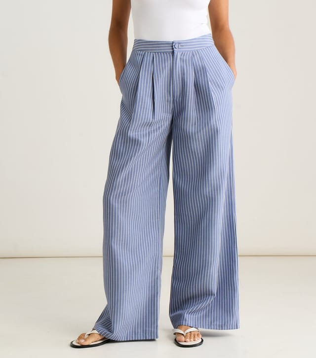 Gini London Women's Blue Striped Wide Leg Pleat Front Trousers Gini London New Look - 2