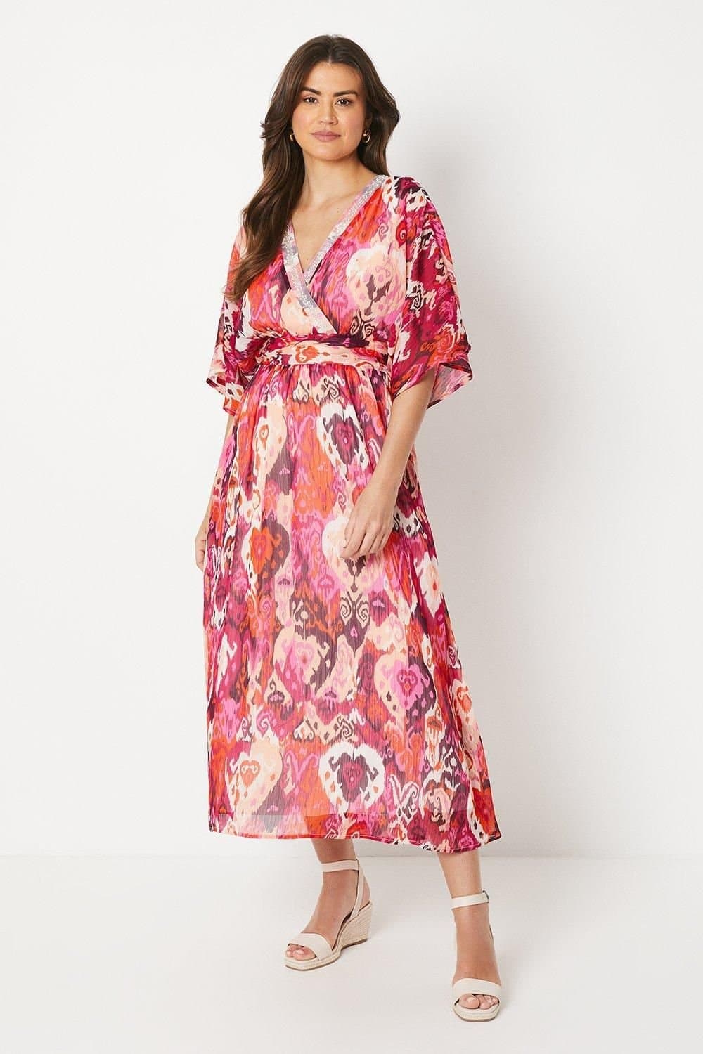 Wallis Wallis Women's Occasion Abstract Print Embellished Midi Dress in Red