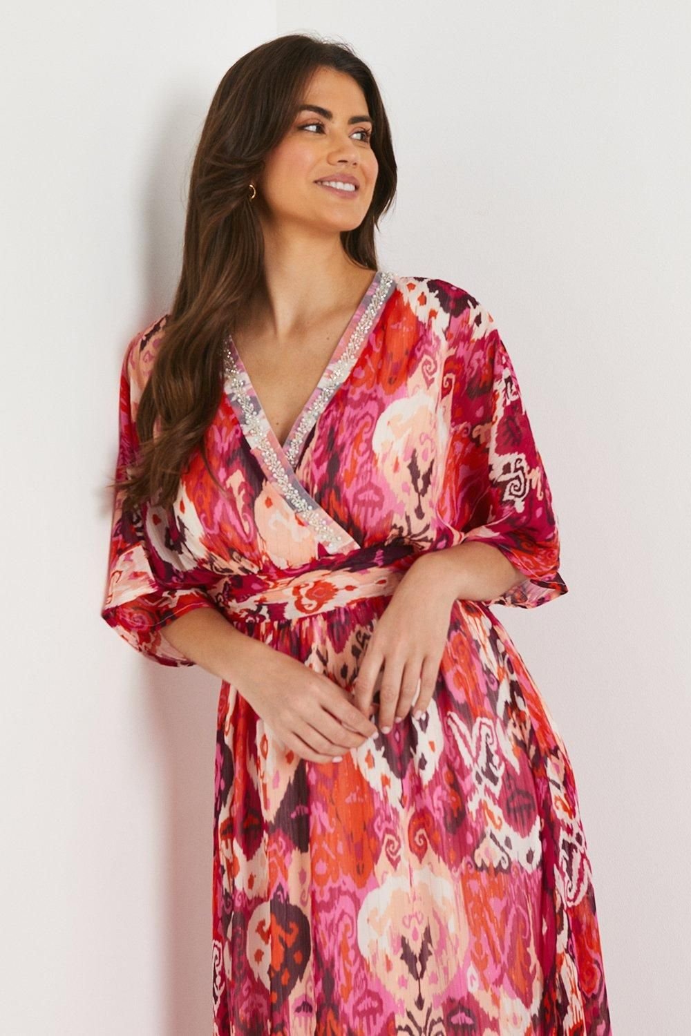 Wallis Wallis Women's Occasion Abstract Print Embellished Midi Dress in Red - 4