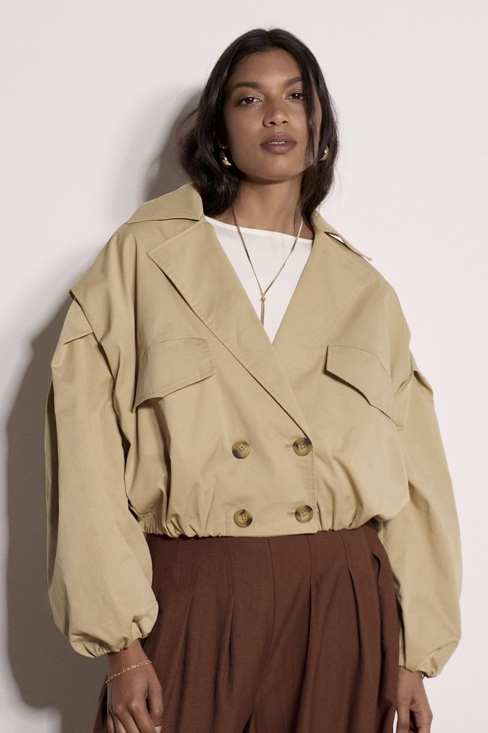 Apricot Apricot Women's Cropped Trench Coat in Beige - 4
