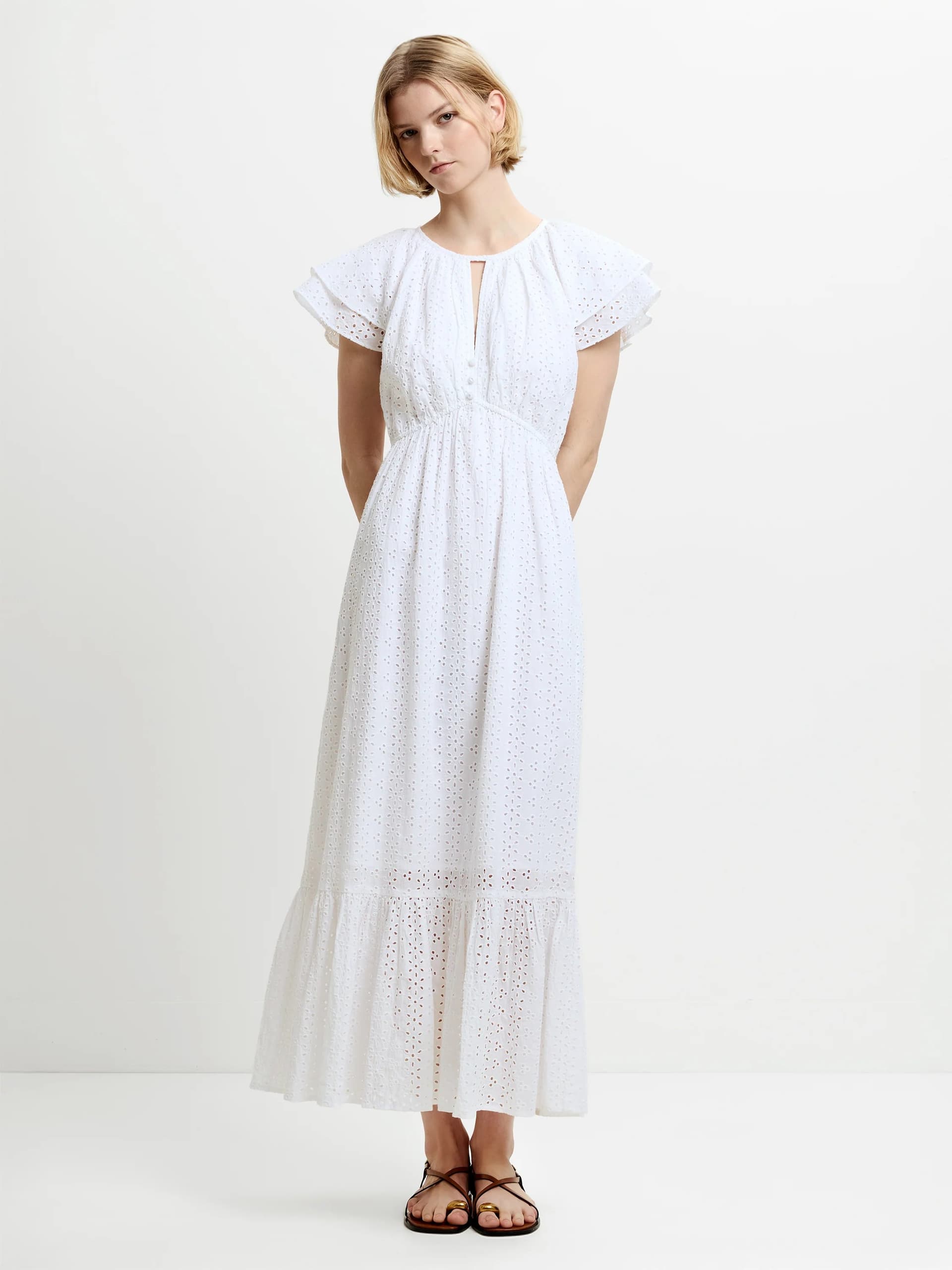 French Connection Bonnie Trisha Broderie Maxi Dress Linen White