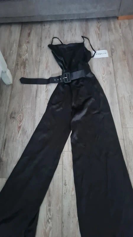 ASOS Black Satin Belted Jumpsuit - Size 10