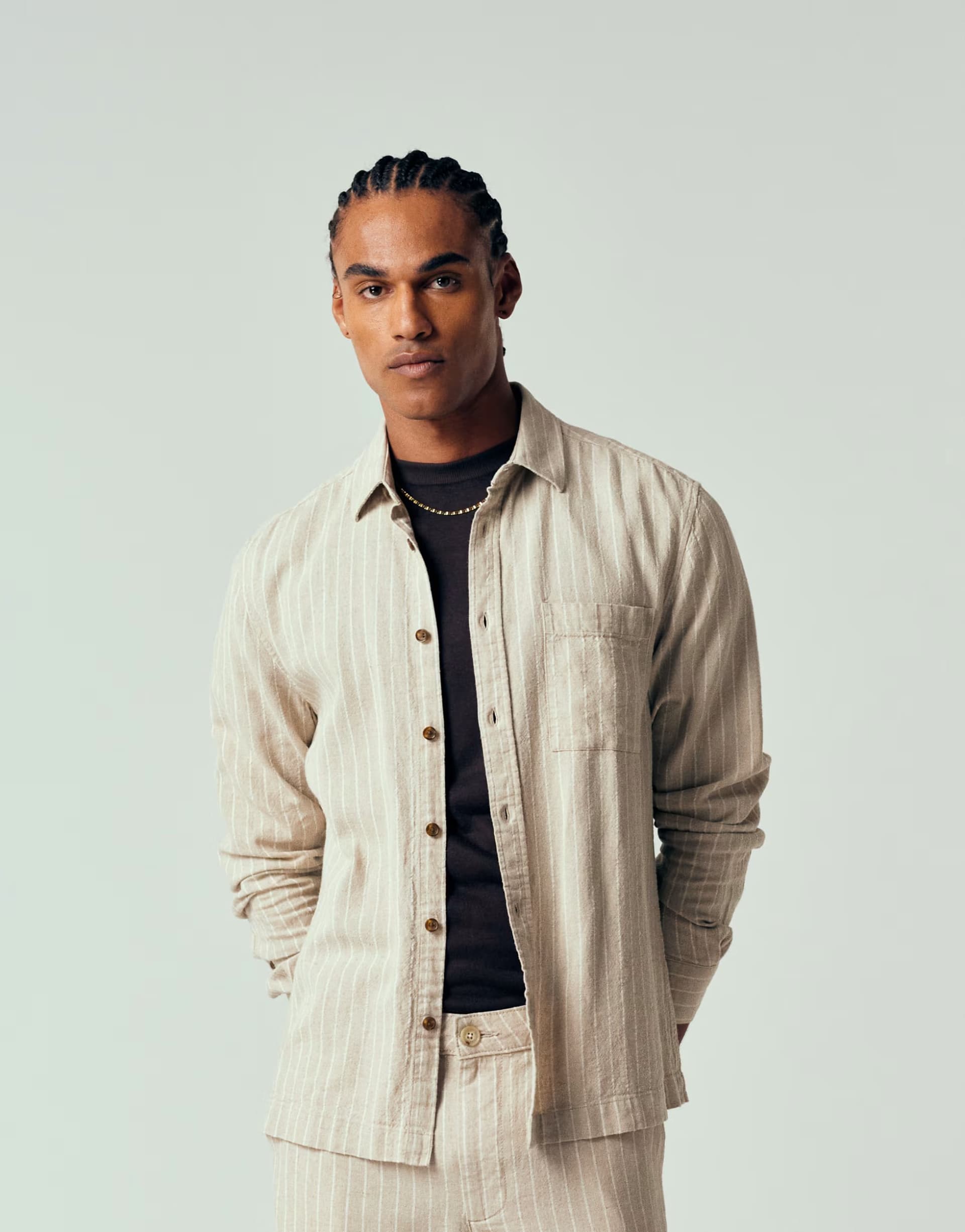 ASOS ASOS DESIGN co-ord regular fit linen blend stripe shirt in beige