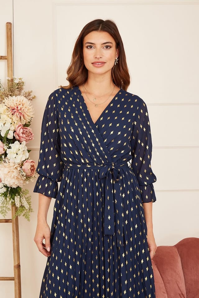 Yumi Yumi Women's Navy Foil Printed Pleated Wrap Midi Dress - 2