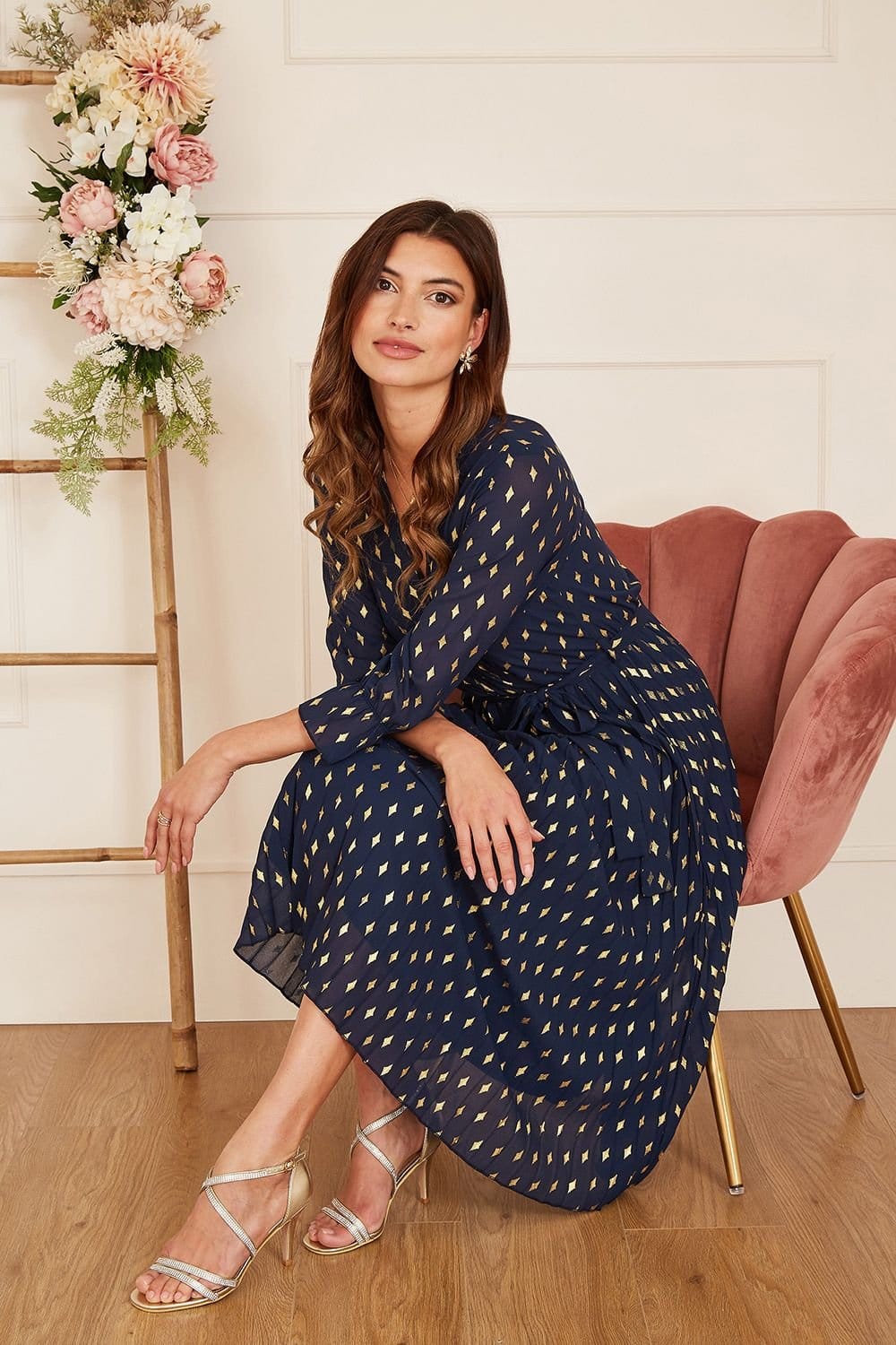 Yumi Yumi Women's Navy Foil Printed Pleated Wrap Midi Dress - 4