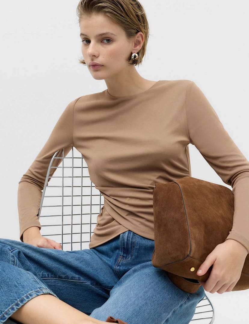 Marks & Spencer M&S Long Sleeve Wrap Hem Top Neutral - 1
