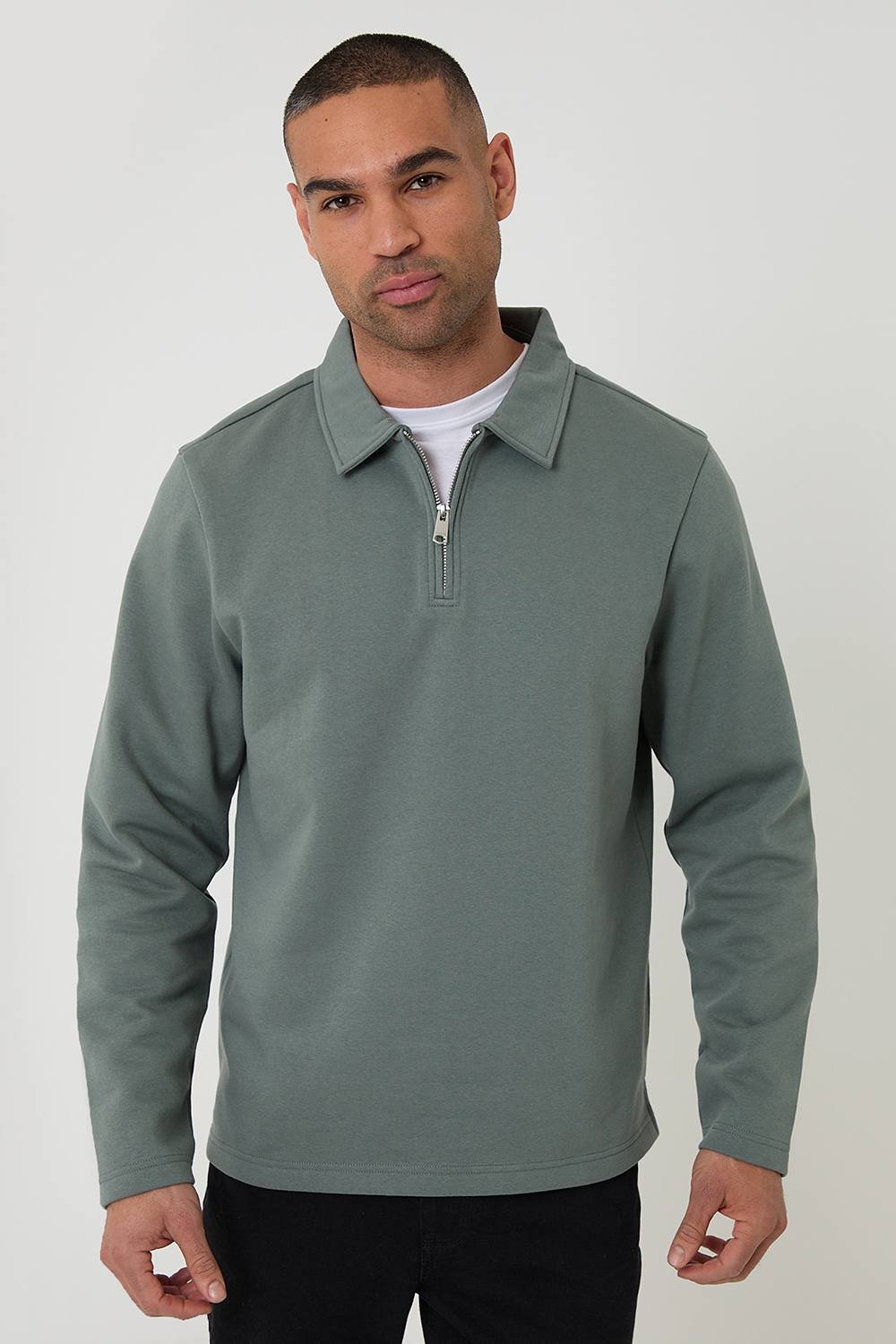Threadbare Threadbare Men's Quarter Zip Long Sleeve Polo Sweatshirt in Olive - 3