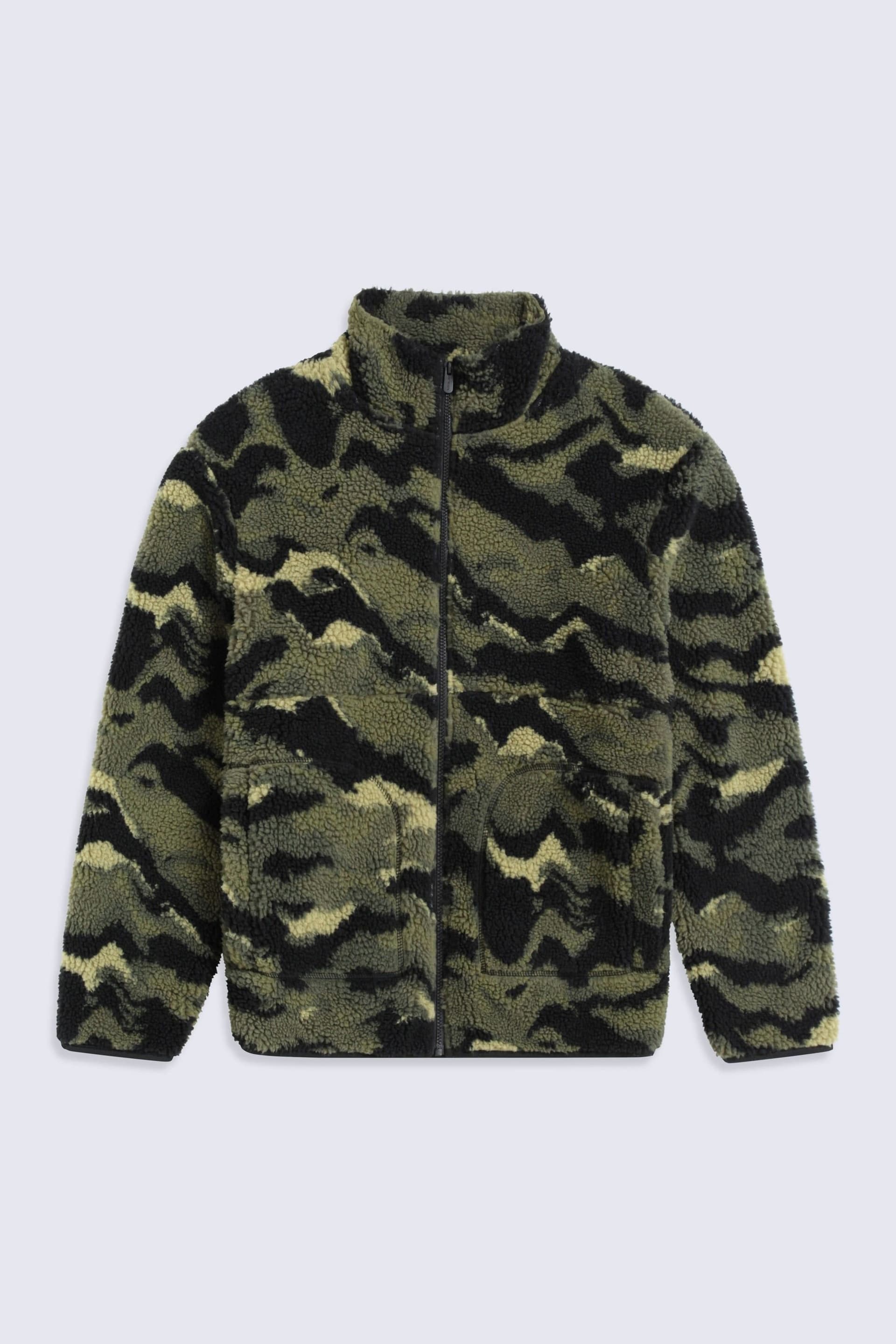 Animal Animal Men's 'Hennie' Printed Full Zip Funnel Neck Zipped Pockets Borg Jacket in Dark Green