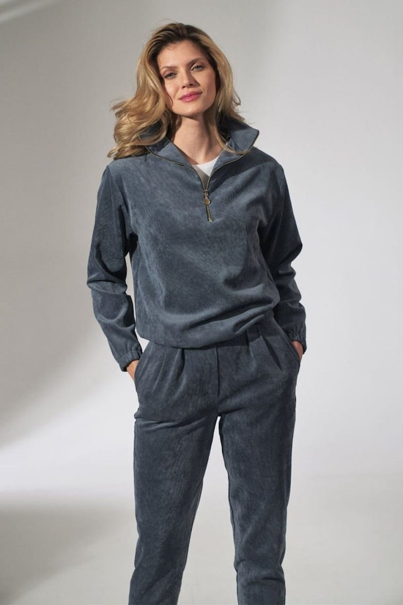 Love Lace Love Lace Women's Corduroy Blouse Stand Collar Zip Front in Blue - 1