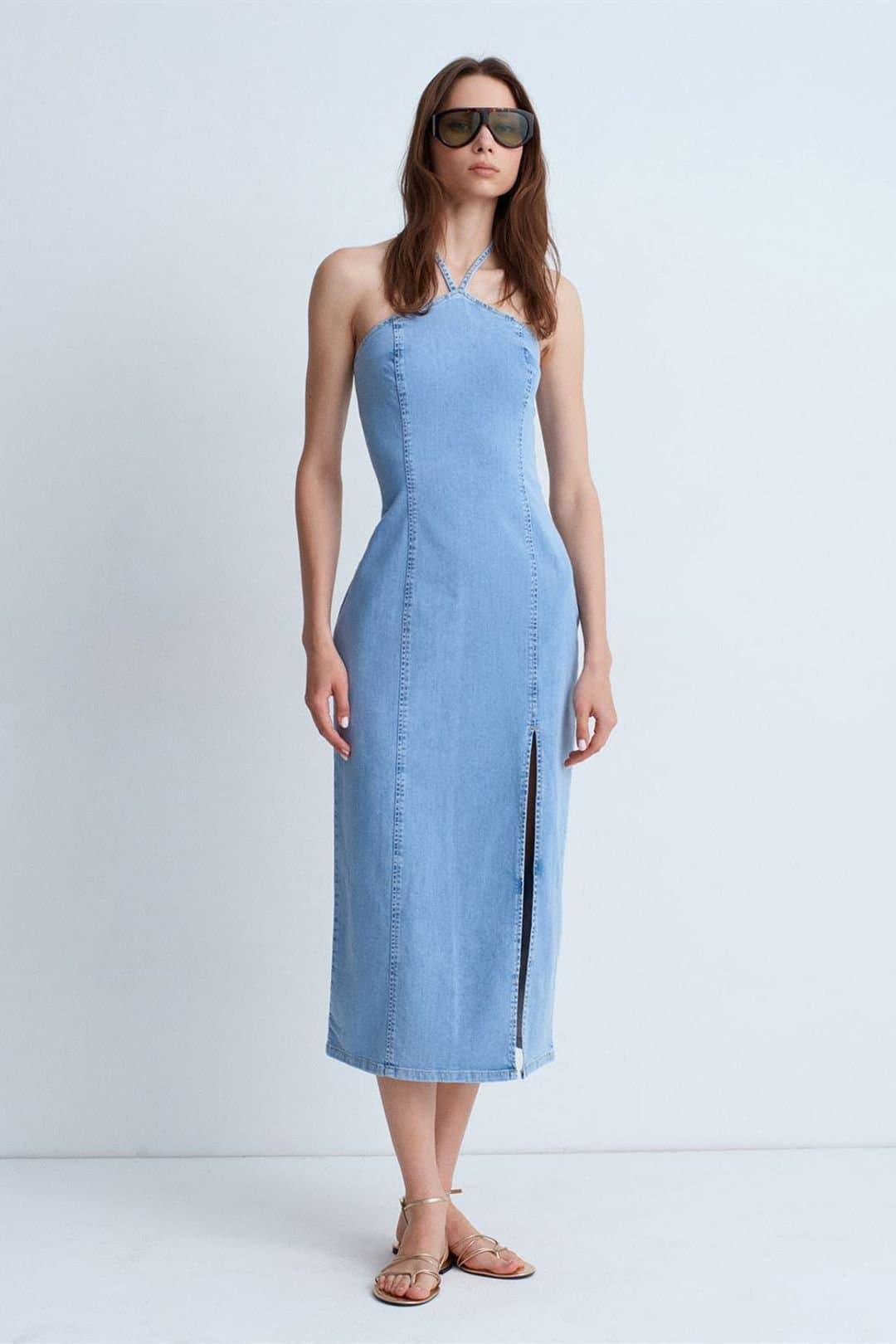 Dilvin Dilvin Women's Halter Neck Midi Denim Dress in Light Blue