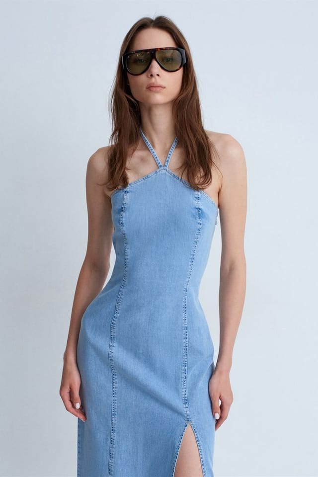 Dilvin Dilvin Women's Halter Neck Midi Denim Dress in Light Blue - 3