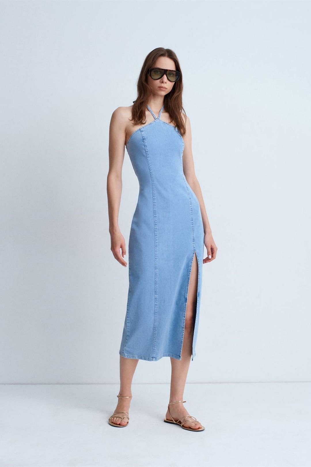Dilvin Dilvin Women's Halter Neck Midi Denim Dress in Light Blue - 4