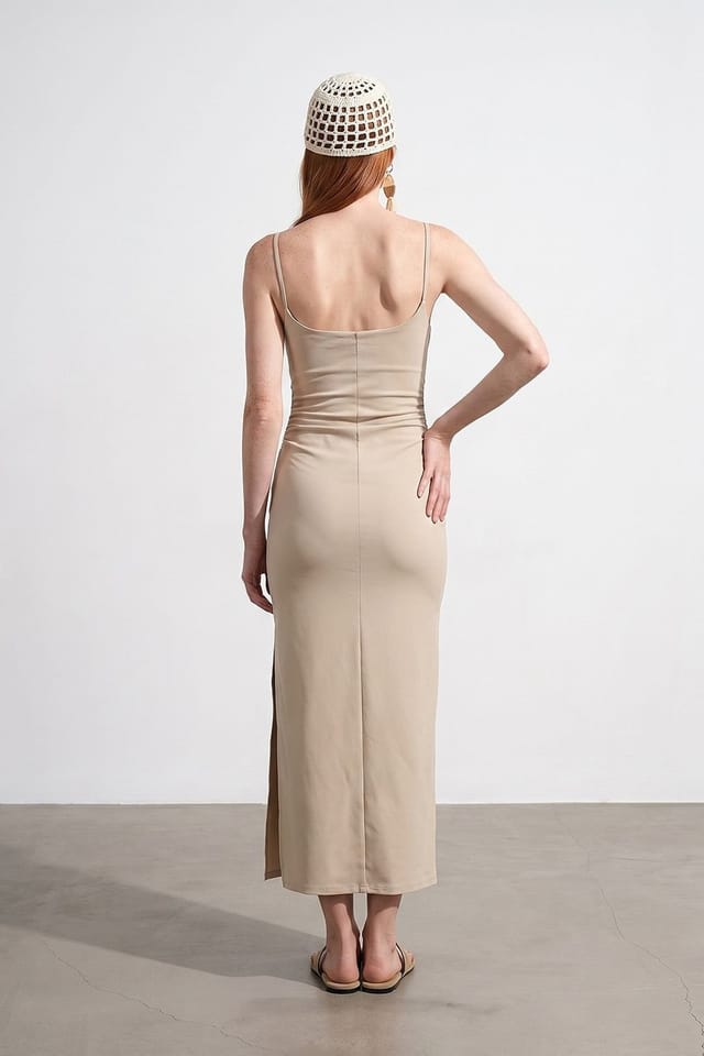 Dilvin Dilvin Women's Women's Sleeveless Bodycon Midi Dress in Beige - 3