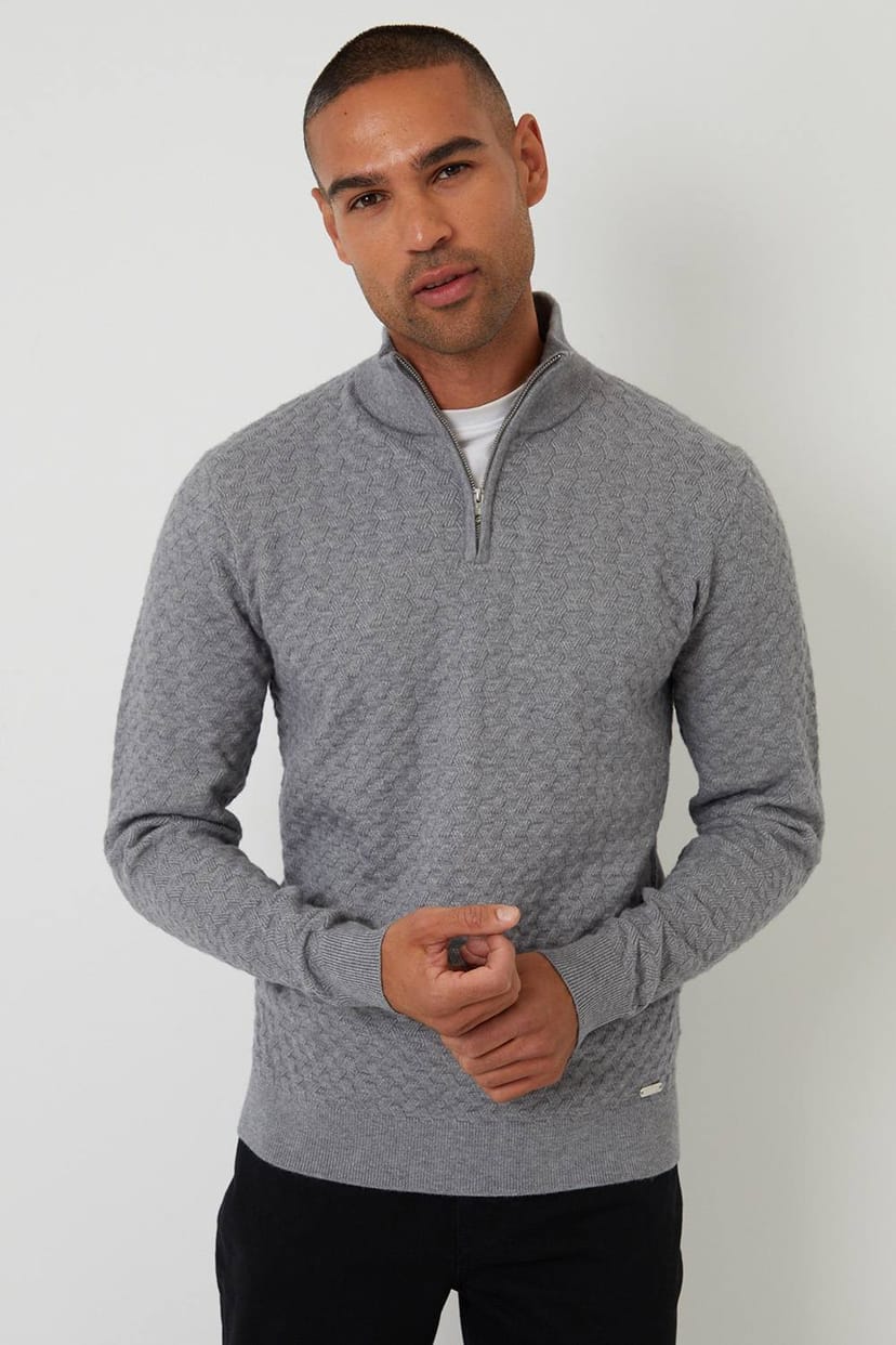 Threadbare Threadbare Men's Textured Cable Knit Quarter Zip Jumper in Grey - 1