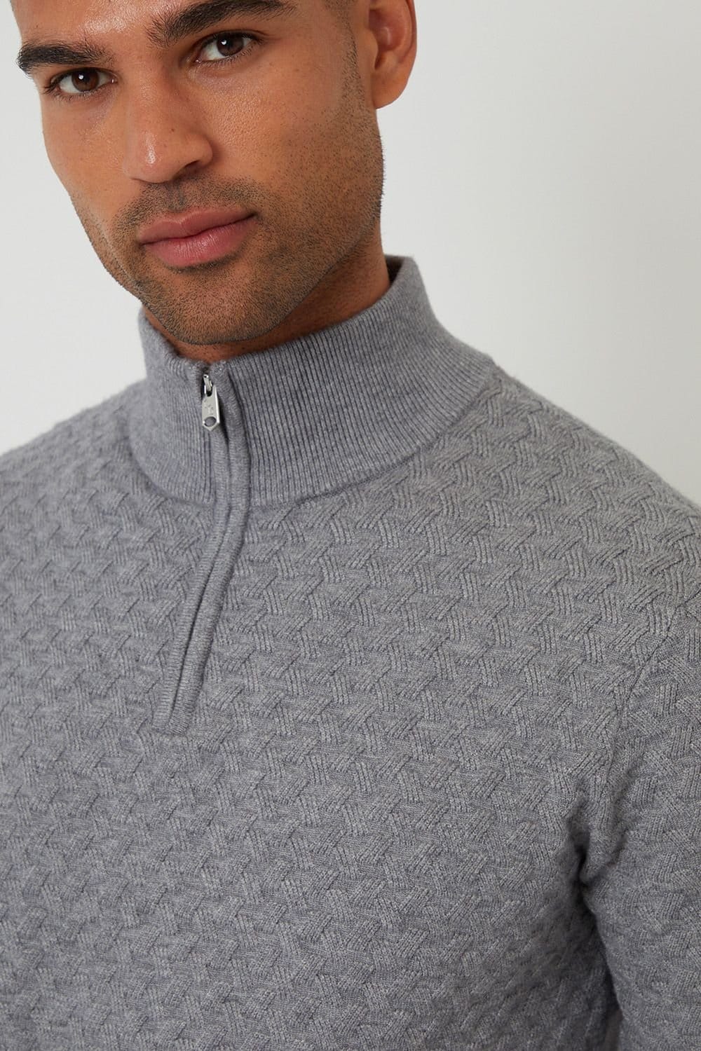 Threadbare Threadbare Men's Textured Cable Knit Quarter Zip Jumper in Grey - 4