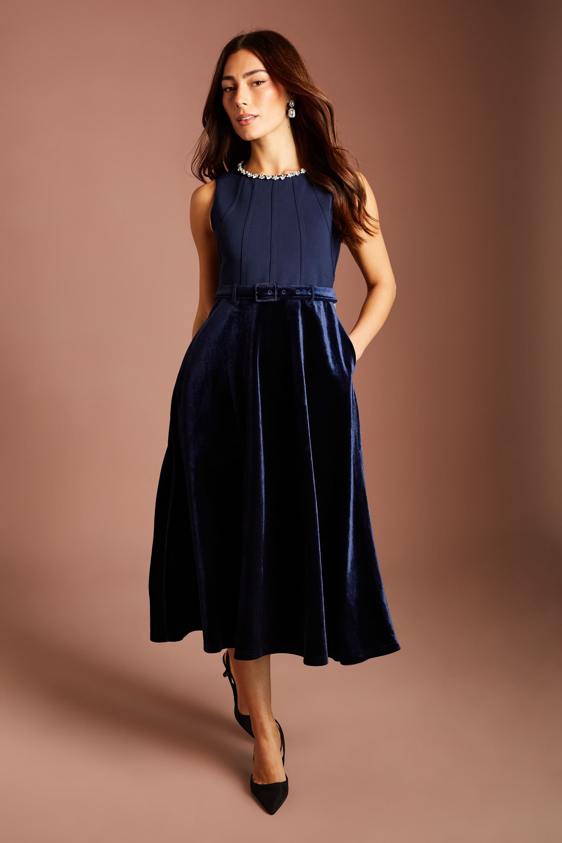 Coast Coast Women's Bandage Bodice Jewel Trim Neckline Velvet Skirt Belted Midi Dress in Navy