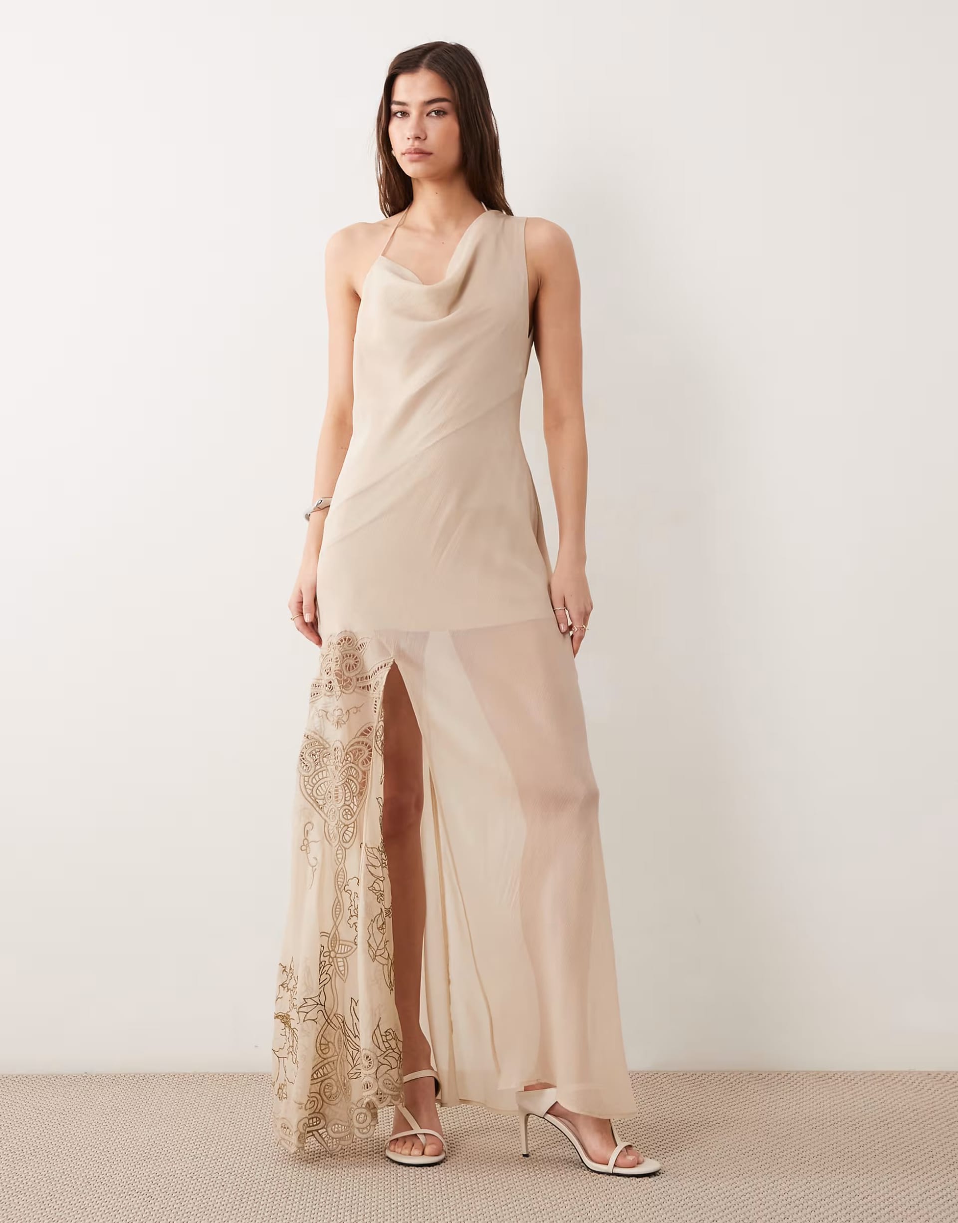 ASOS Neutral Embroidered Maxi Slip Dress with Asymmetric Neckline