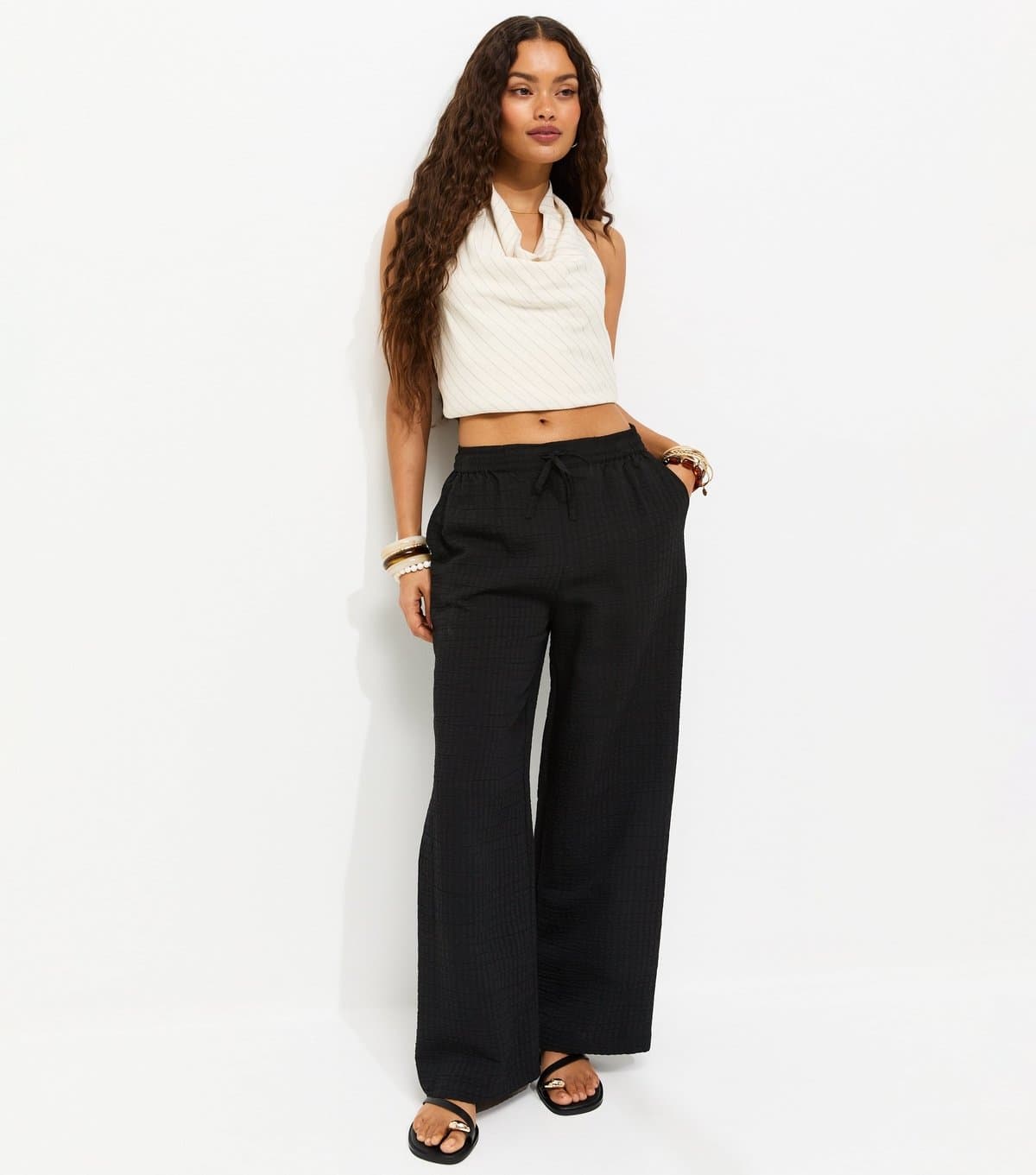 New Look Women's Petite Black Crinkled Striped Wide Leg Trousers New Look
