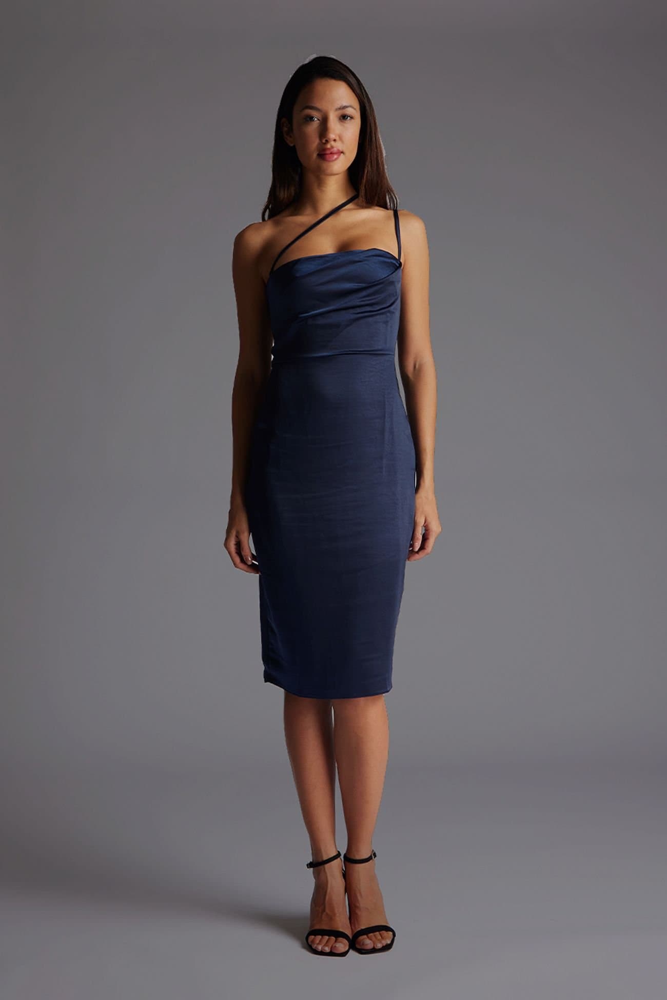 Vesper Vesper Women's Satin Midi Dress with Pleated Bust in Navy