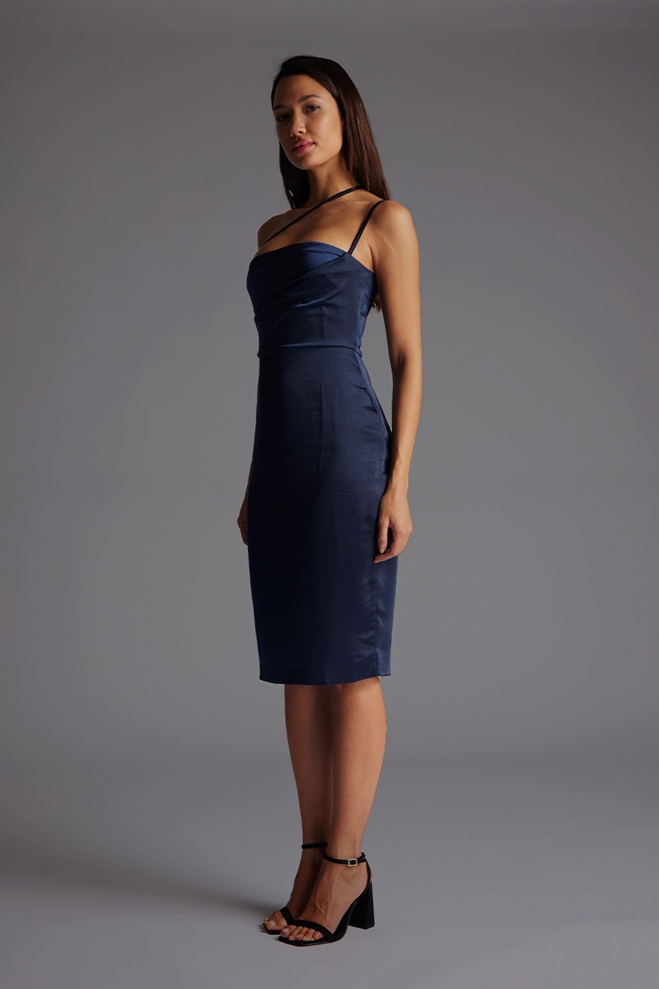 Vesper Vesper Women's Satin Midi Dress with Pleated Bust in Navy - 2