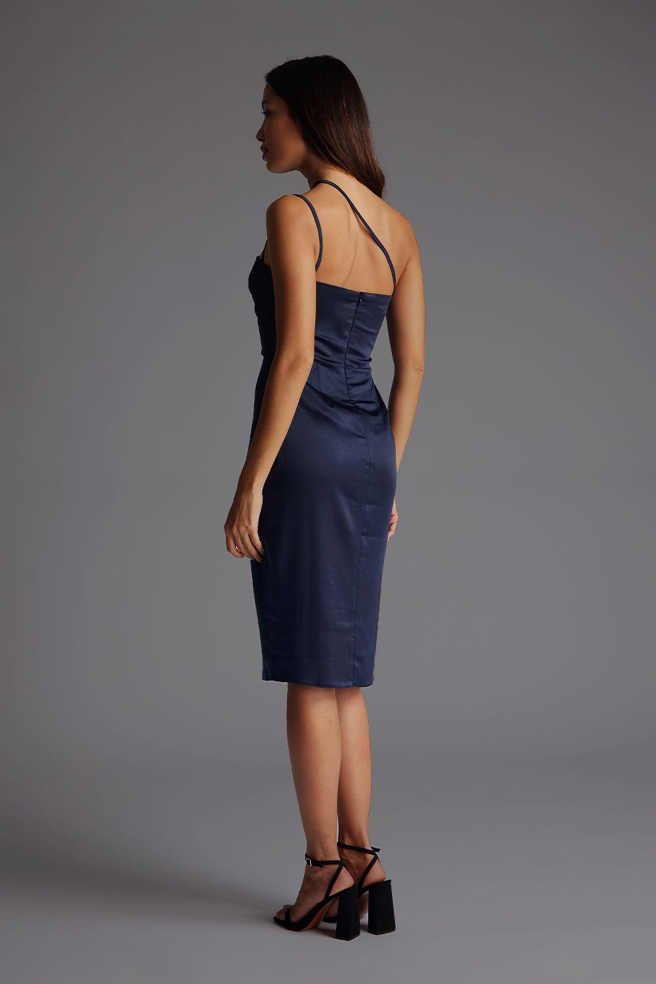 Vesper Vesper Women's Satin Midi Dress with Pleated Bust in Navy - 3