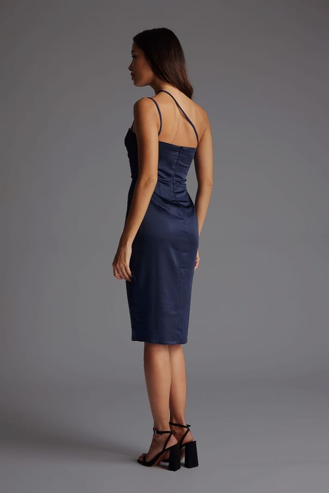 Vesper Vesper Women's Satin Midi Dress with Pleated Bust in Navy - 3