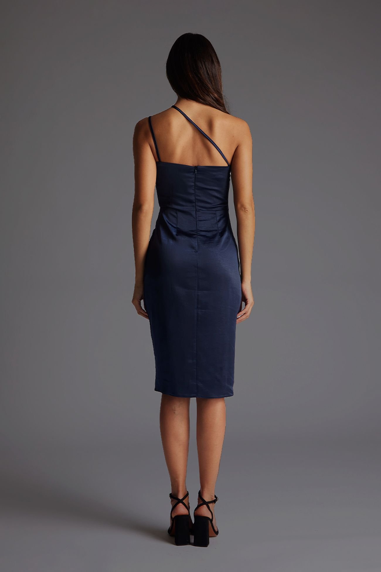 Vesper Vesper Women's Satin Midi Dress with Pleated Bust in Navy - 4