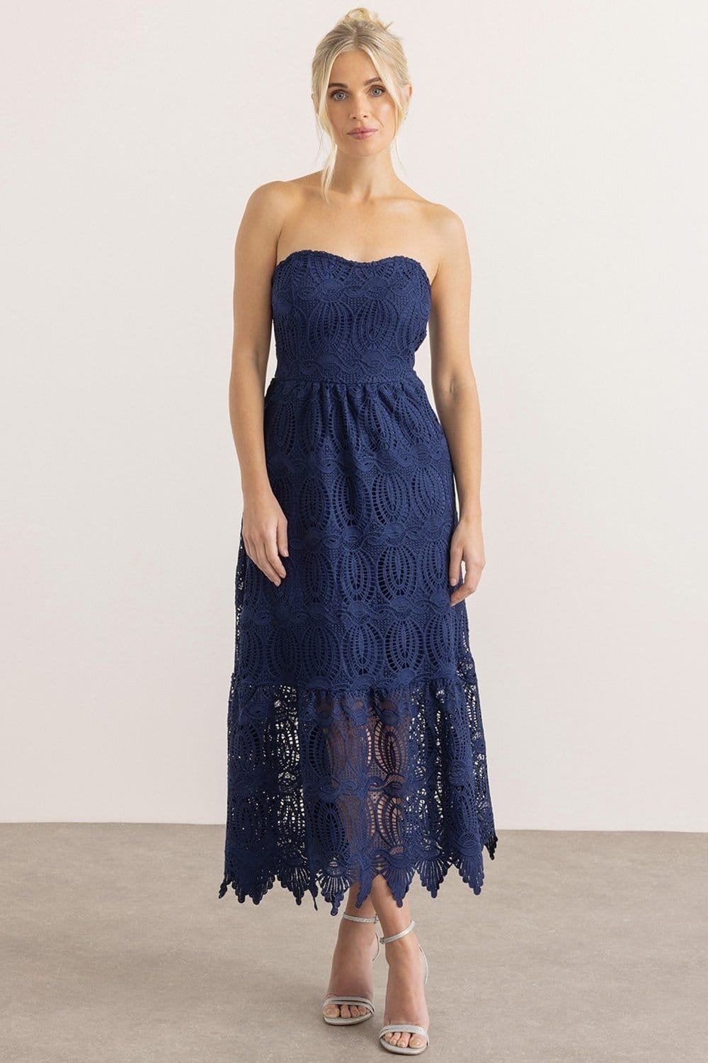 Klass Midnight Blue Crochet Lace Bandeau Maxi Dress