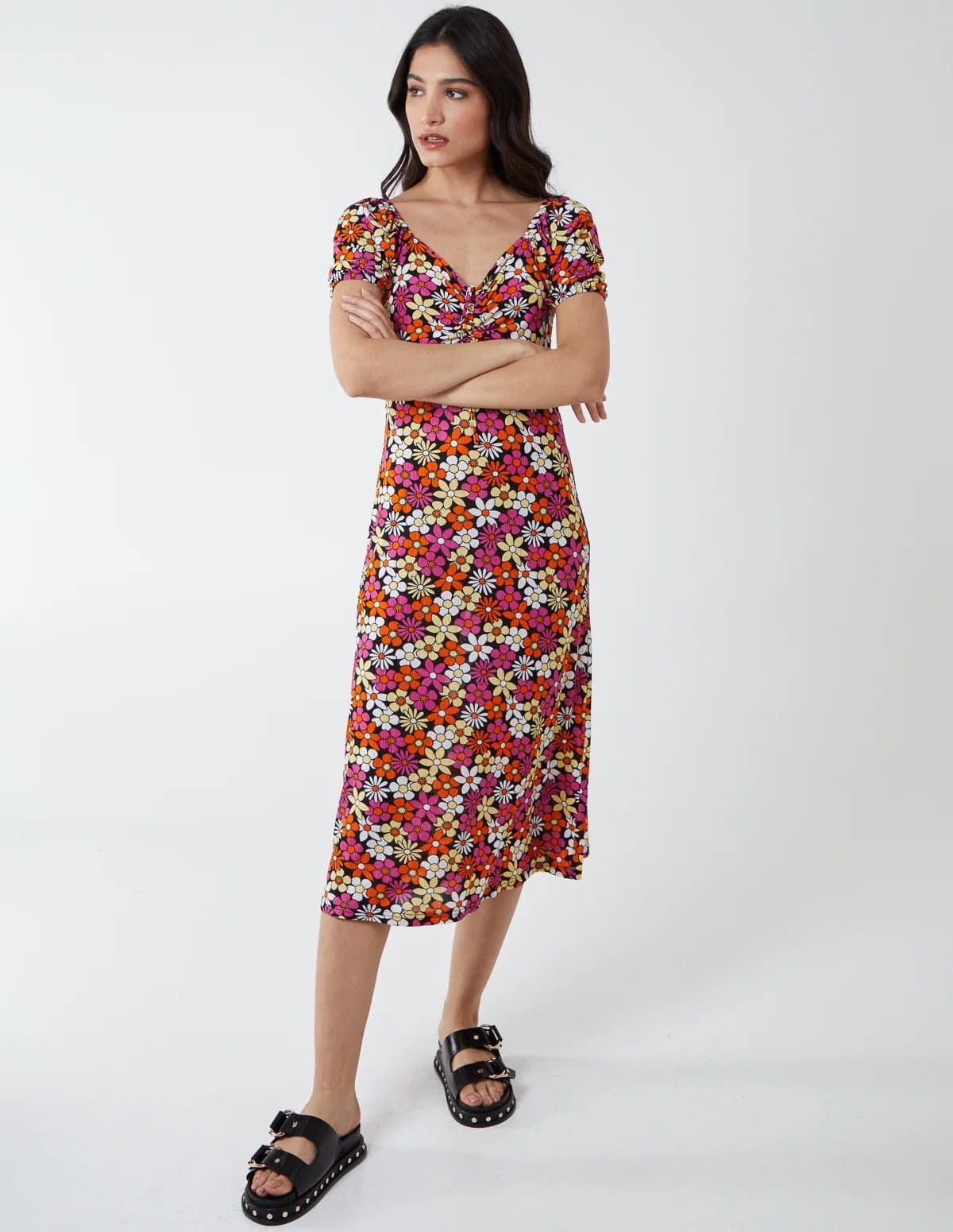 Blue Vanilla V Neck Ruched Midi Dress