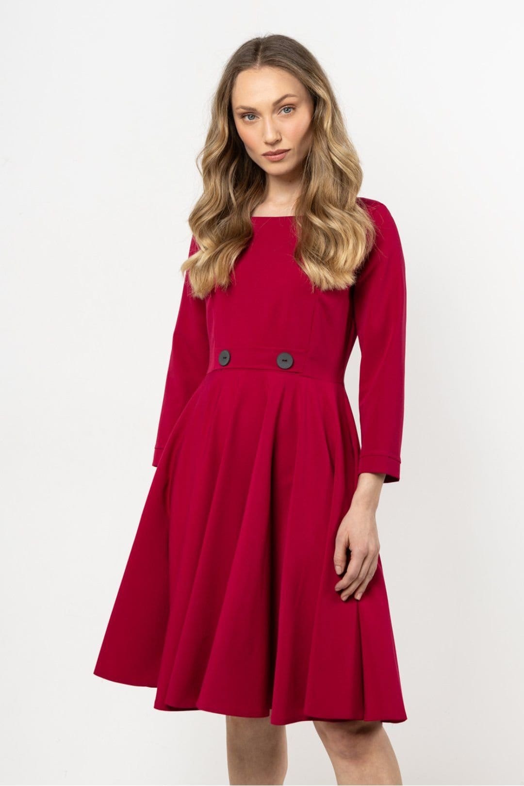 Love Lace Red Classic Modern Flared Day Dress with Buttons