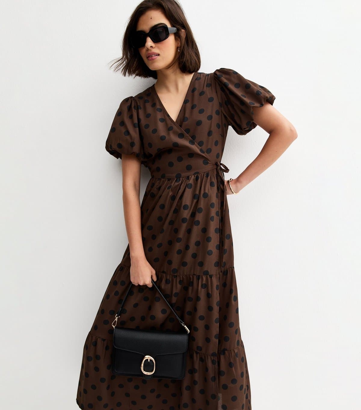 New Look Women's Brown Crepe Spot Print Wrap Midi Dress New Look