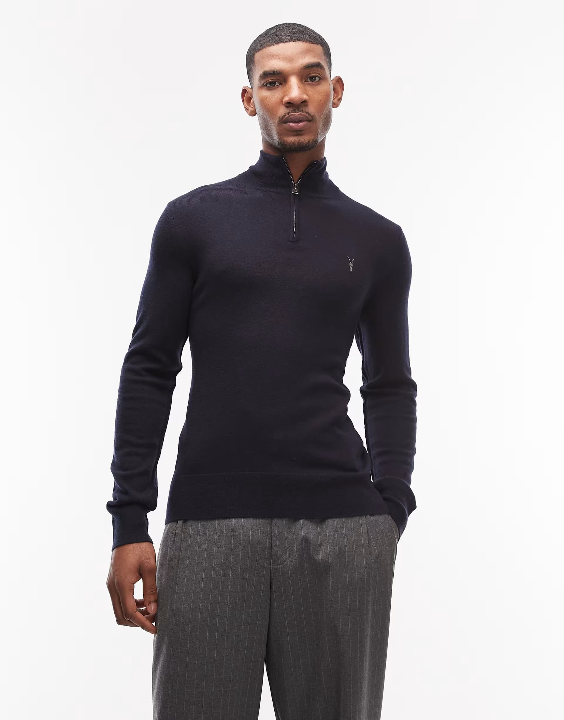 ASOS Allsaints quarter zip knitted jumper in navy