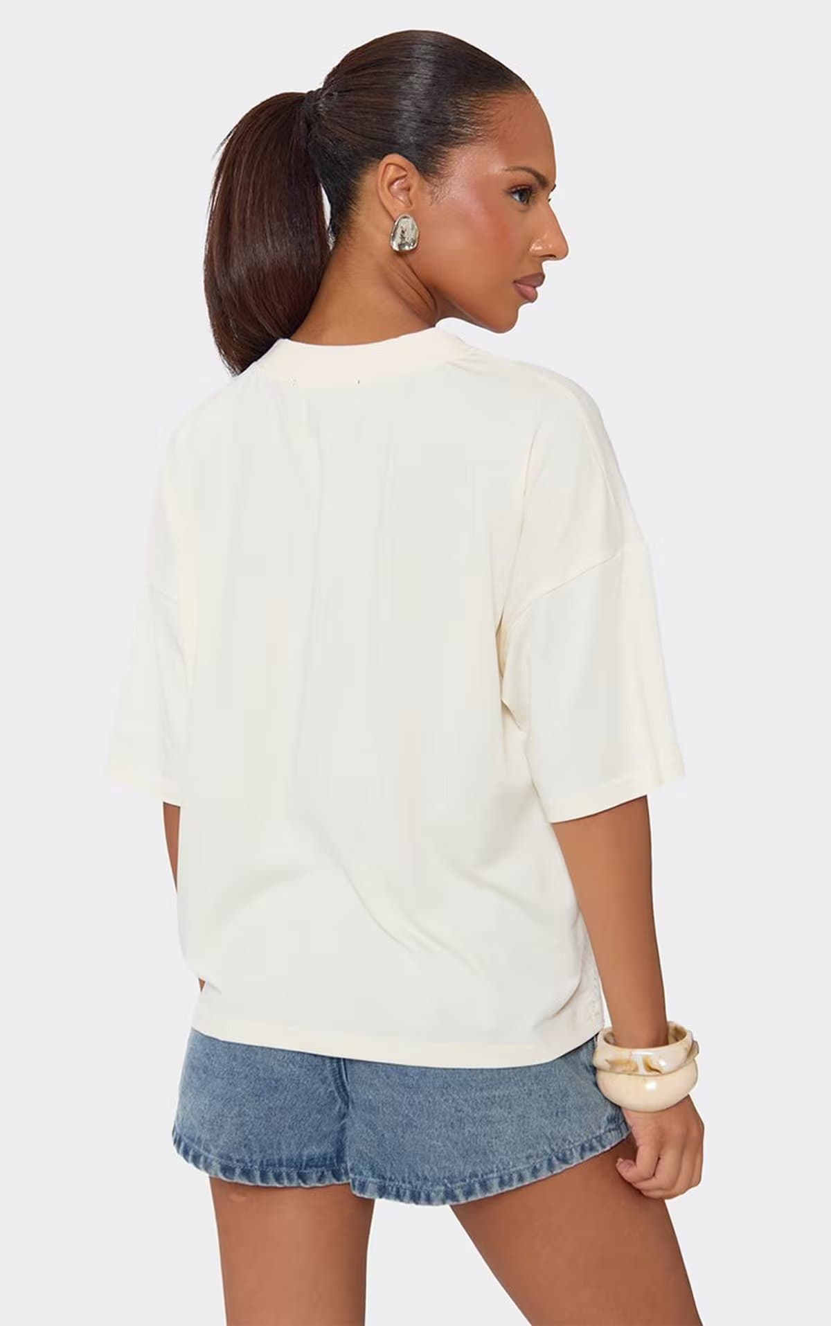 EGO Short Sleeve V Neck Graphic Detail Football Jersey Top In Cream, Women's Size UK 8