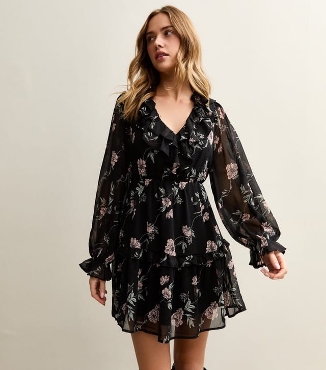 New Look Women's Black Floral Chiffon Mini Dress New Look - 3