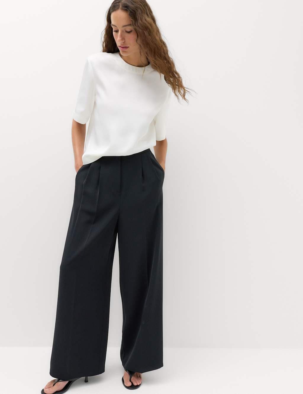 Marks & Spencer M&S Pure Cotton Pleated Wide Leg Trousers Black